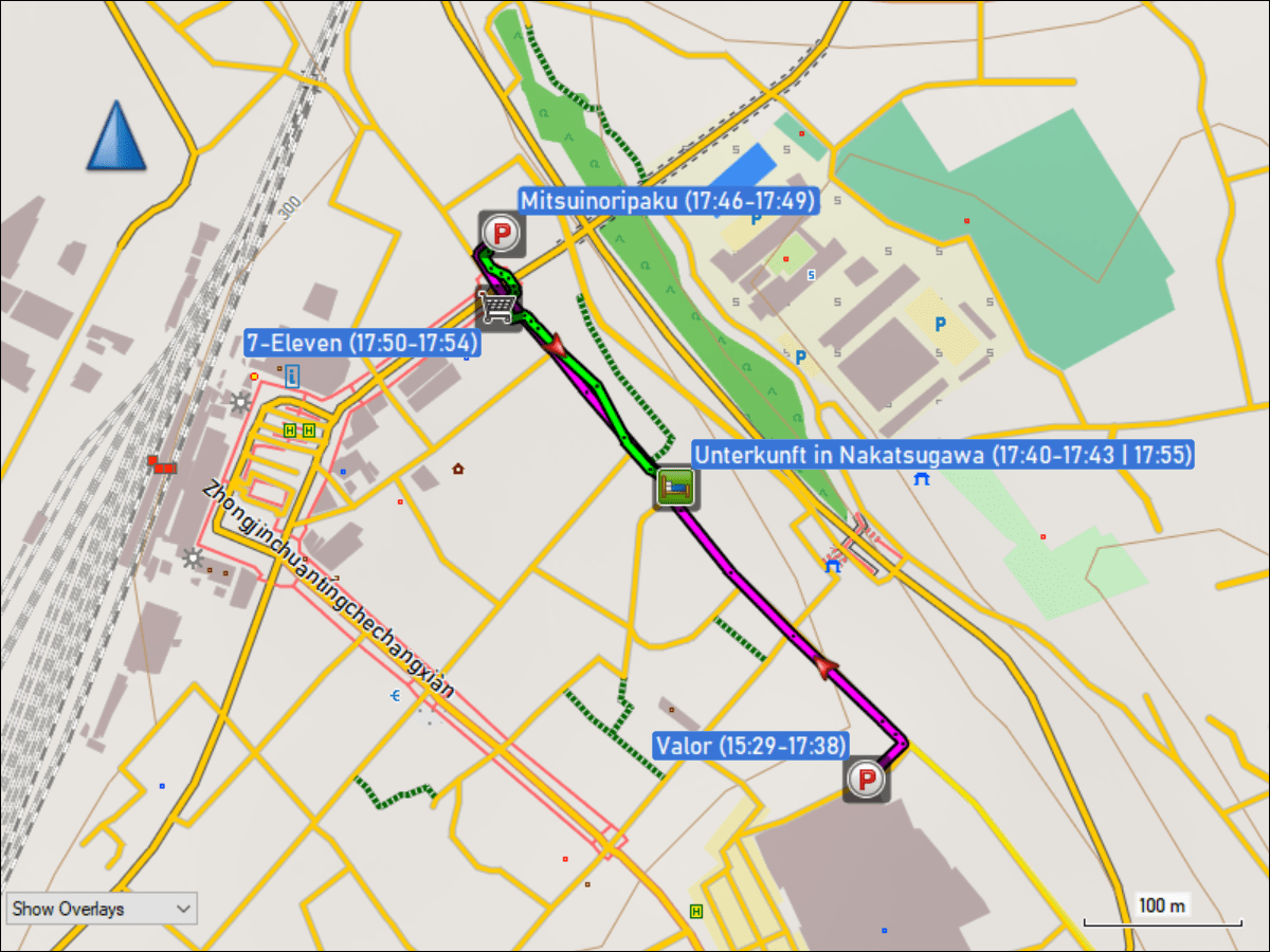 wegstrecke fahrt vom parkhaus des einkaufszentrum valor via unterkunft in nakatsugawa zum parkplatz mitsuinoripaku und des fussmarschs vom parkplatz mitsuinoripaku via 7-eleven zur unterkunft in nakatsugawa