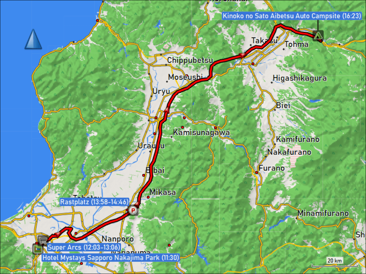 wegstrecke der fahrt vom hotel mystays sapporo nakajima park zum kinoko no sato aibetsu auto campsite