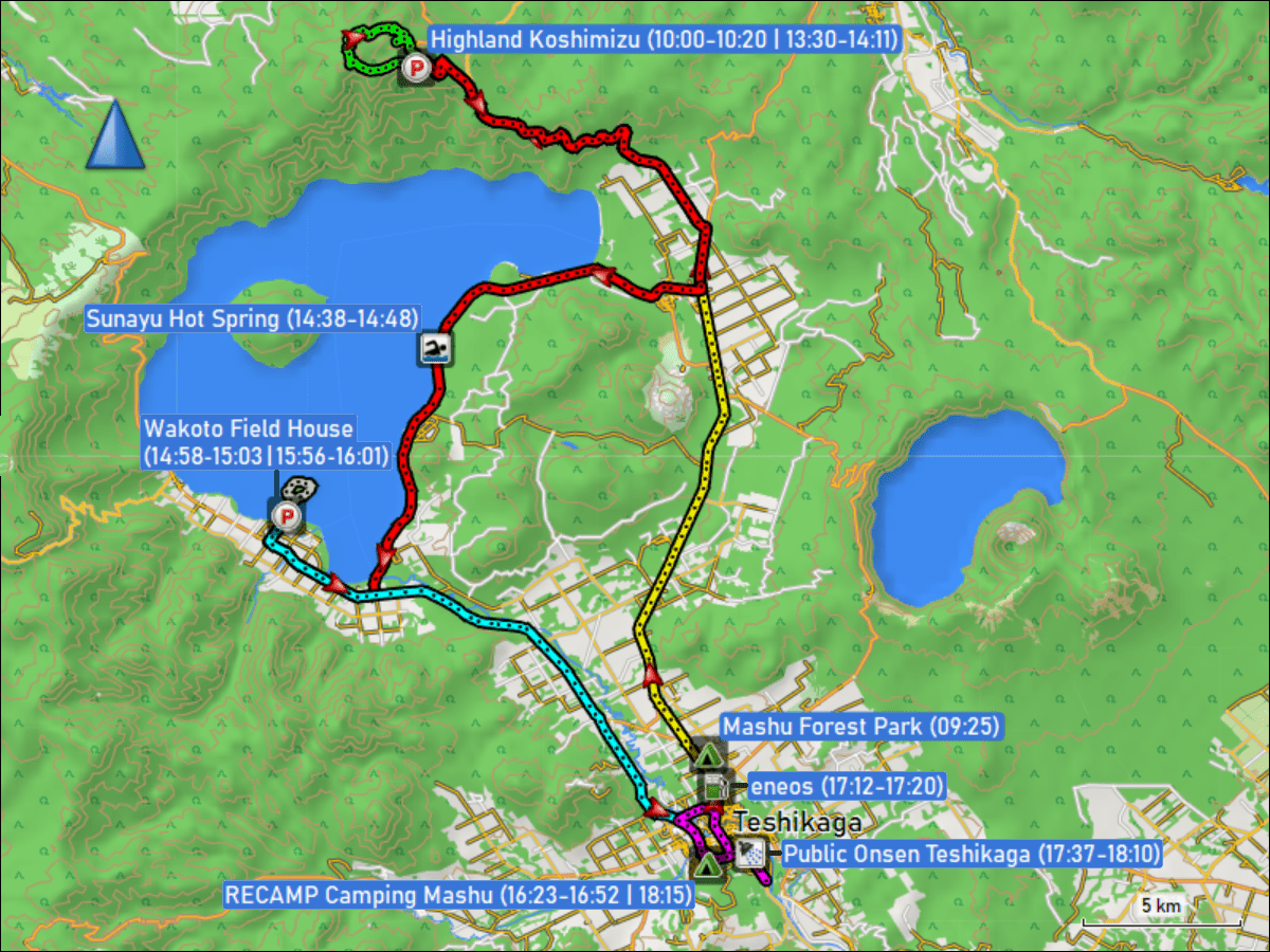 wegstrecke der fahrten und wanderungen rund um teshikaga