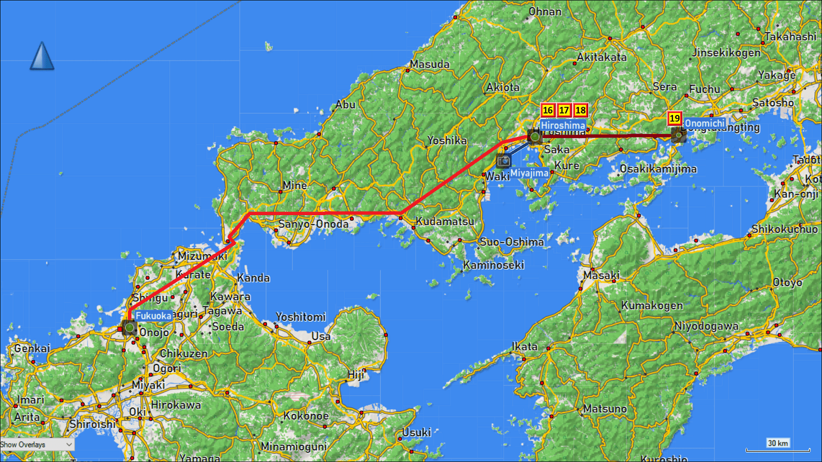 wegstrecke von fukuoka nach hiroshima, tagesausflug von hiroshima nach miyajima sowie weiterreise nach onomichi mit tageszielen
