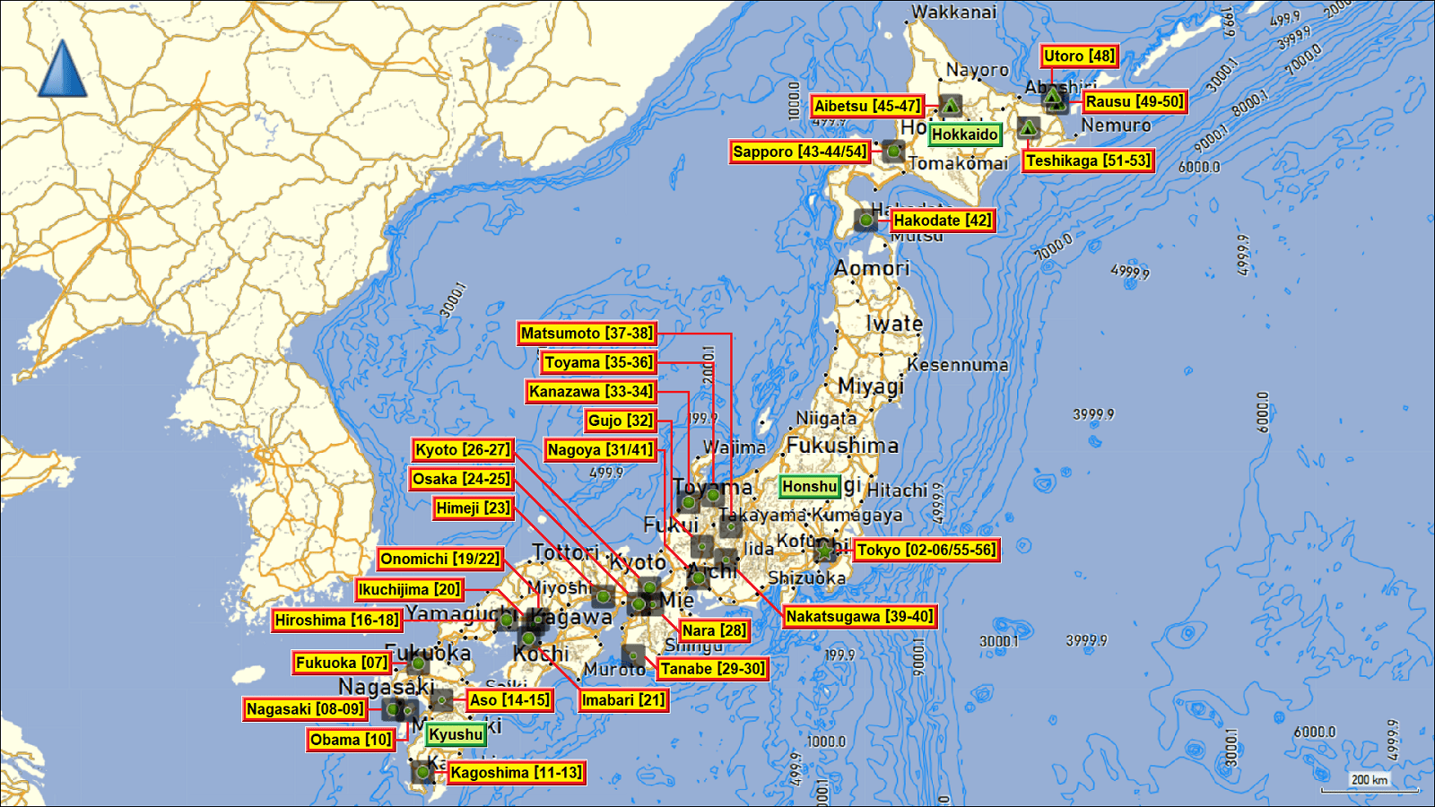 karte mit den tageszielen unserer gesamten japanreise
