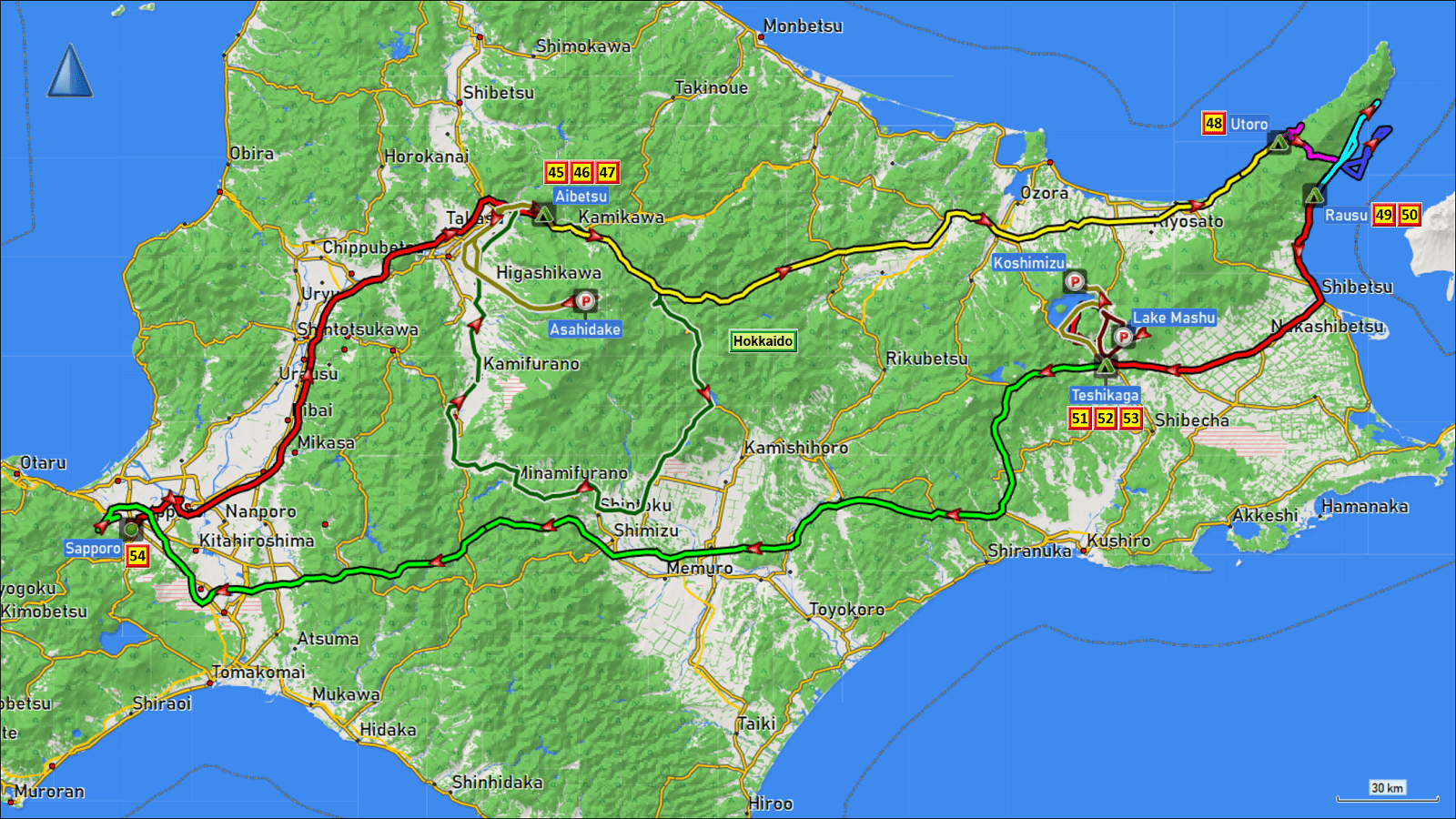 wegstrecke unserer rundreise mit dem gemieteten camper auf der insel hokkaido mit tageszielen