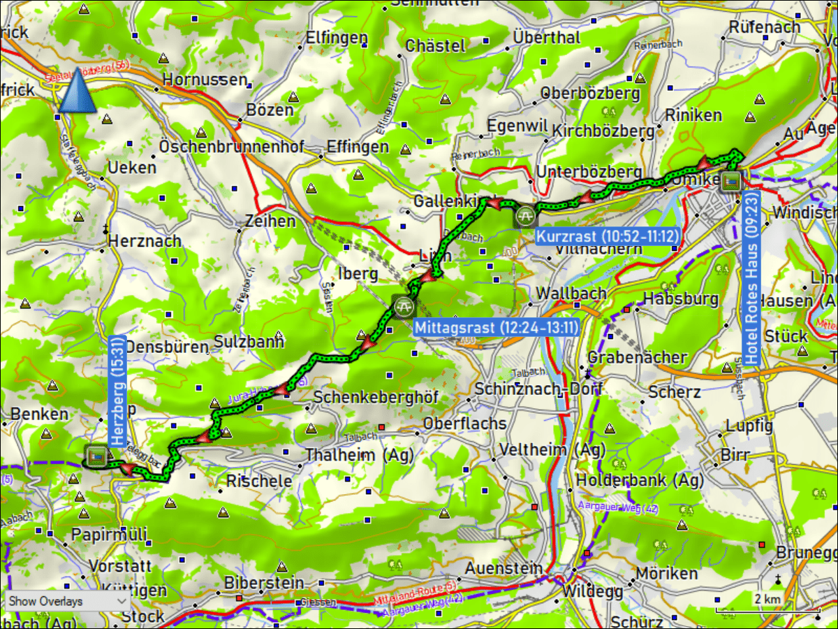 wegstrecke der wanderung vom hotel rotes aus in brugg, AG zum tagungszentrum herzberg, nahe staffelegg, AG