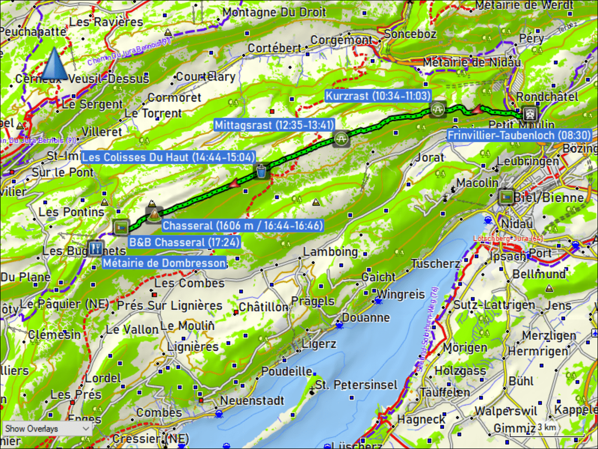 wegstrecke der wanderung vom bahnhof frinvillier-taubenloch, BE zum B&B chasseral, BE