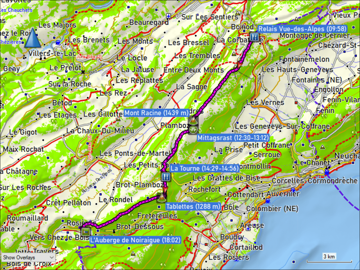 wegstrecke der wanderung vom relais vue des alpes, NE zur l'auberge de noiraigue in val-de-travers, NE