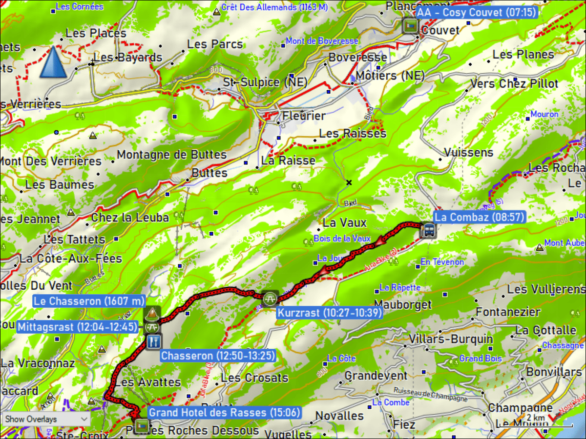 wegstrecke der wanderung von der bushaltestelle la combaz, VD zum "swiss historic hotel grand hotel des rasses et spa", VD