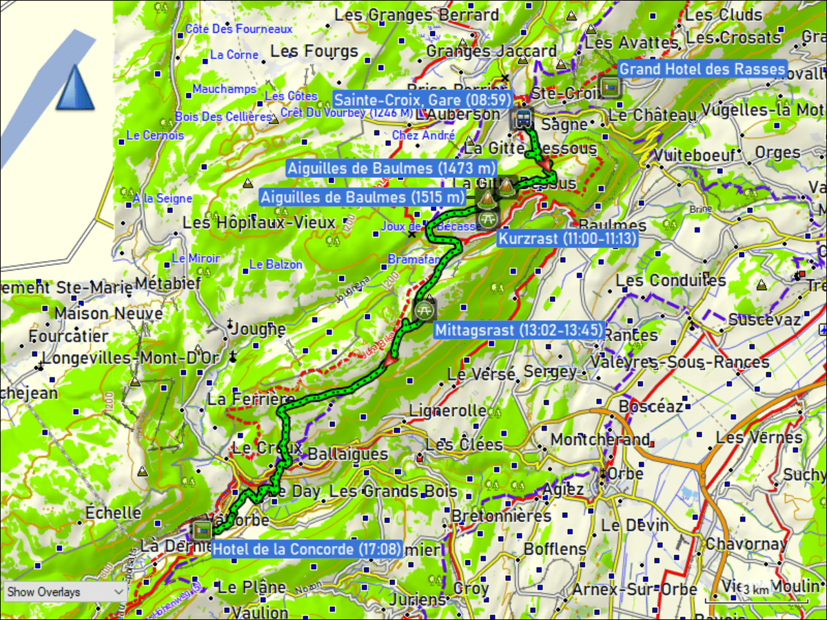 wegstrecke der wanderung vom bahnhof sainte-croix, VD zum hotel de la concorde in vallorbe, VD
