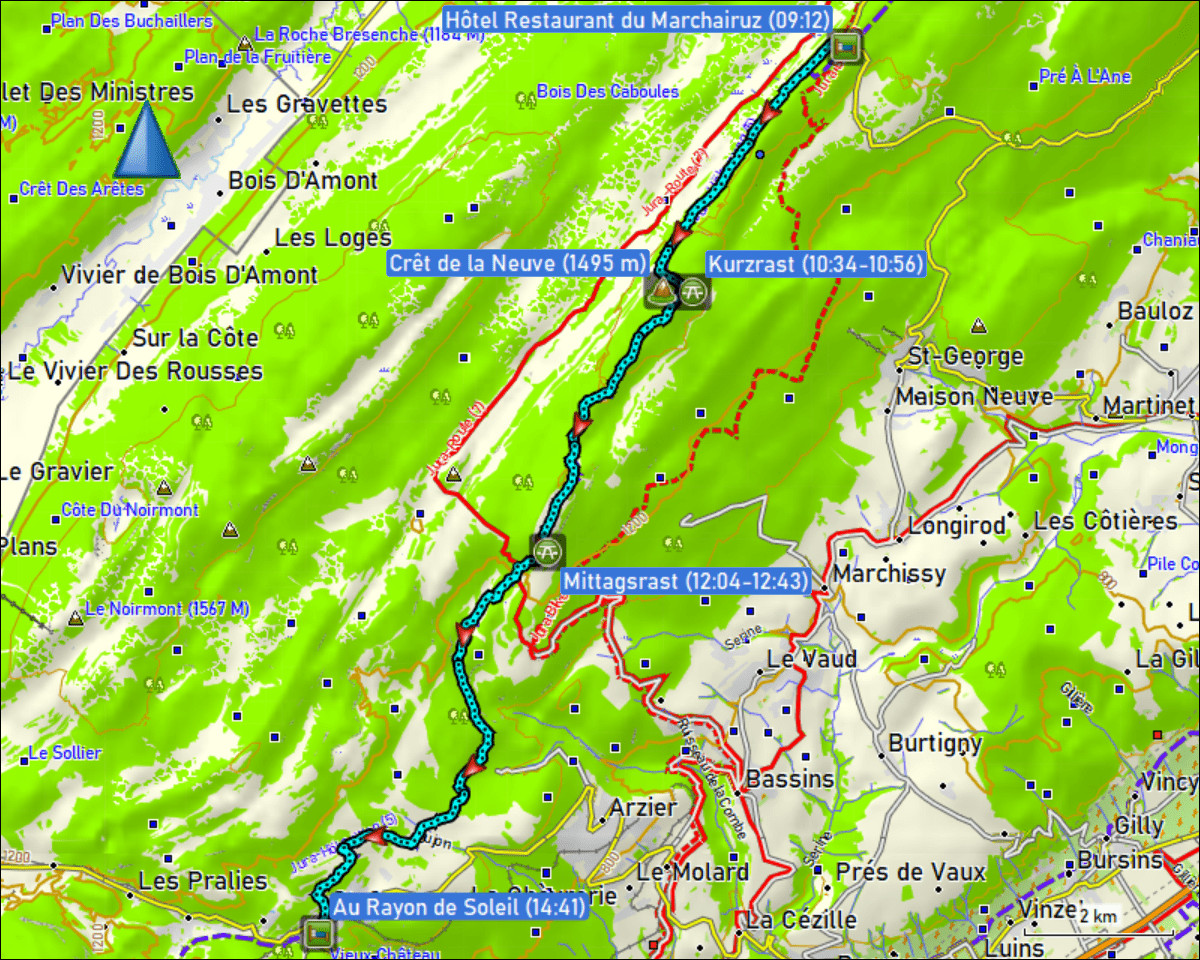 wegstrecke der wanderung vom hotel restaurant du marchairuz, VD zum studio "au rayon de soleil" in saint-cergue, VD
